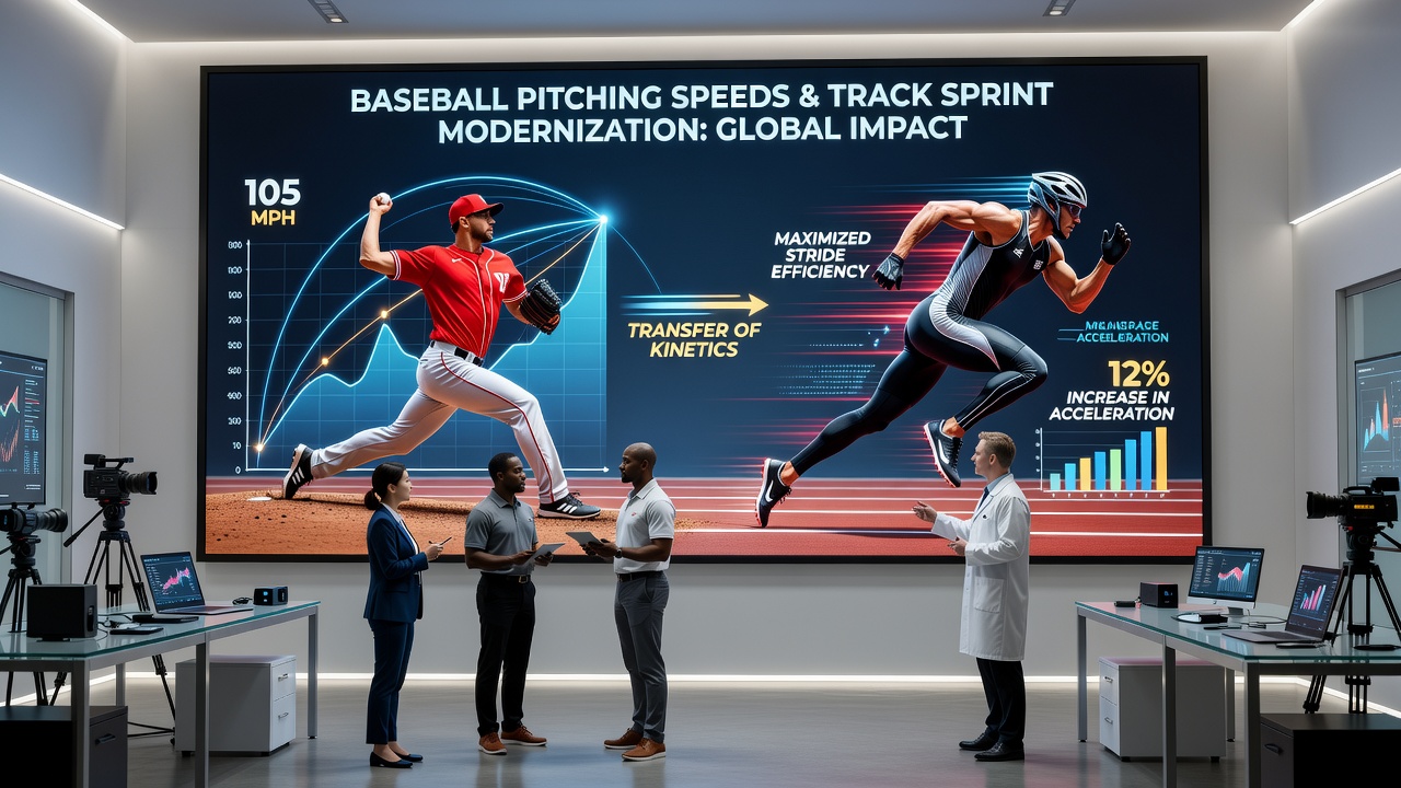 Track sprinter in starting blocks demonstrating arm drive technique adapted from baseball pitching mechanics