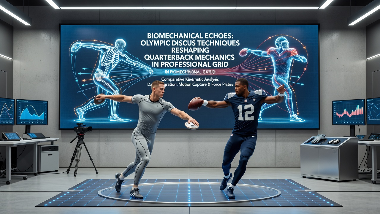 Side-by-side comparison of discus thrower and quarterback demonstrating shared rotational mechanics and hip drive