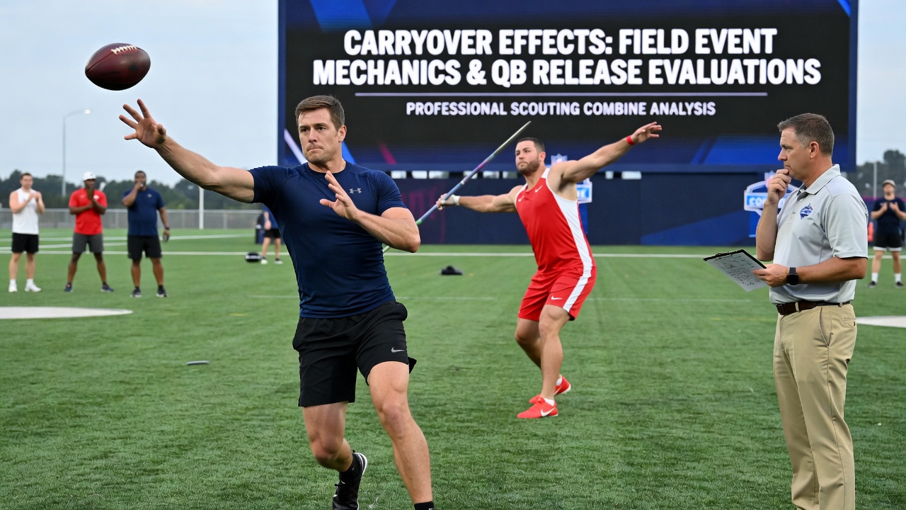 Quarterback performing release point drills at a professional football scouting combine with focus on arm mechanics