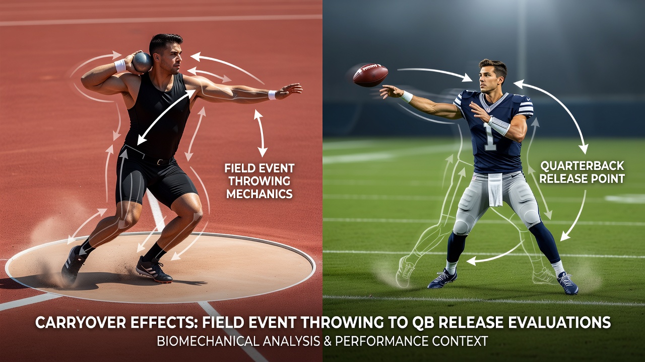 Biomechanical analysis overlay showing quarterback release point alignment with field event throwing mechanics during combine evaluation