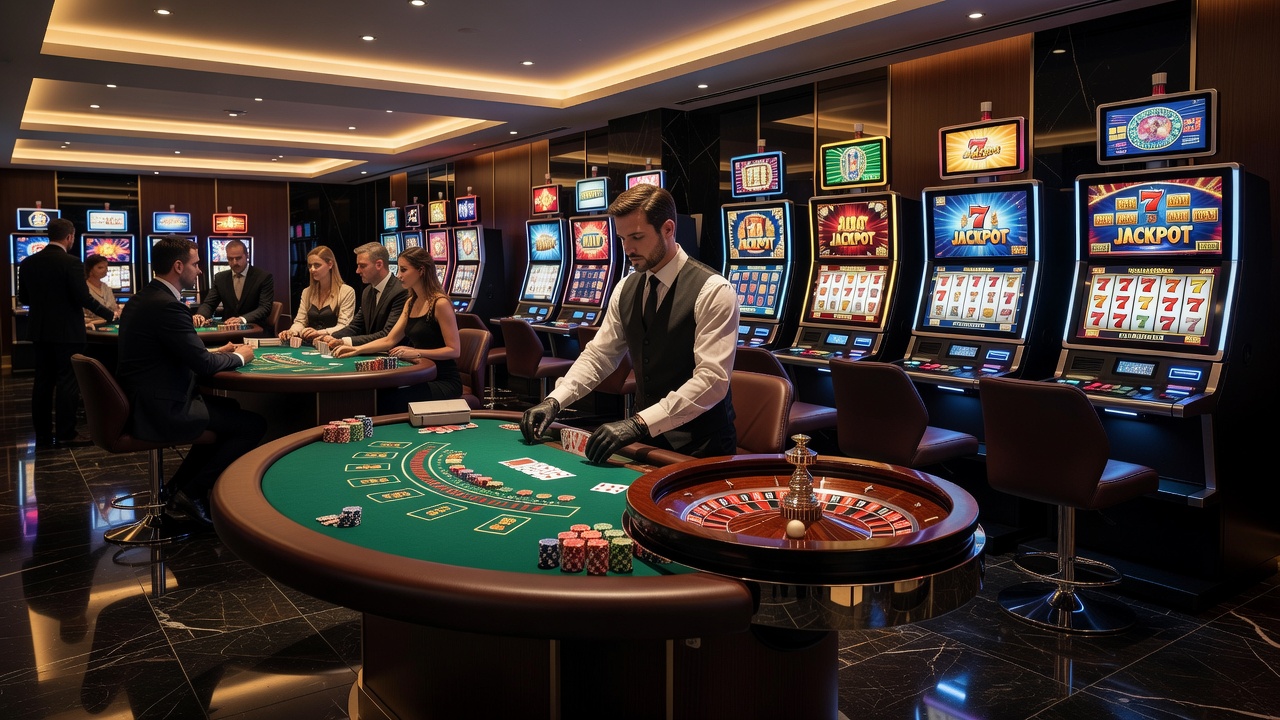 Close-up view of digital slot machine screens displaying colorful reels and bonus features in a modern gaming area