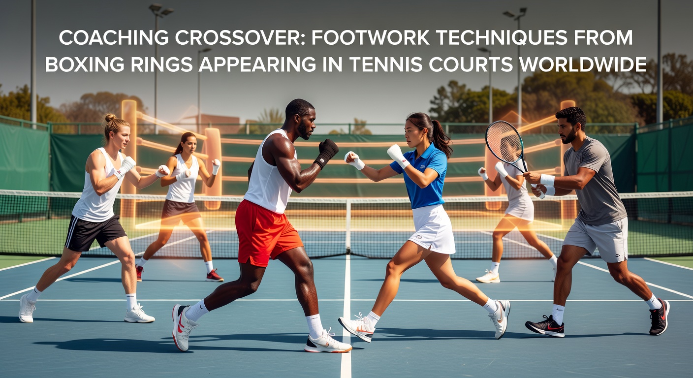 Tennis player executing lateral shuffle footwork drill adapted from boxing training methods on outdoor court