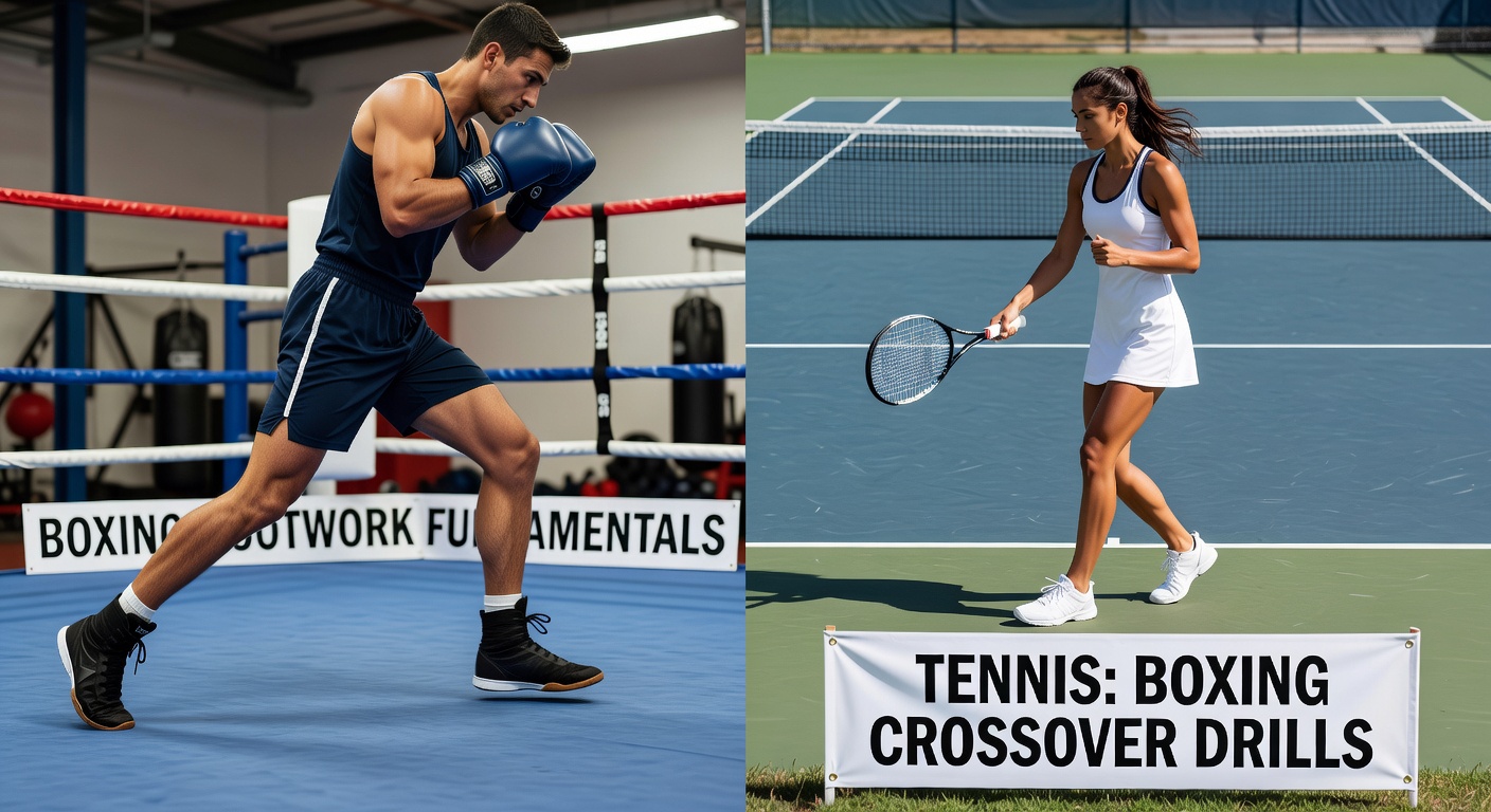 Boxing coach demonstrating pivot step technique to group of tennis players during joint training session on indoor court