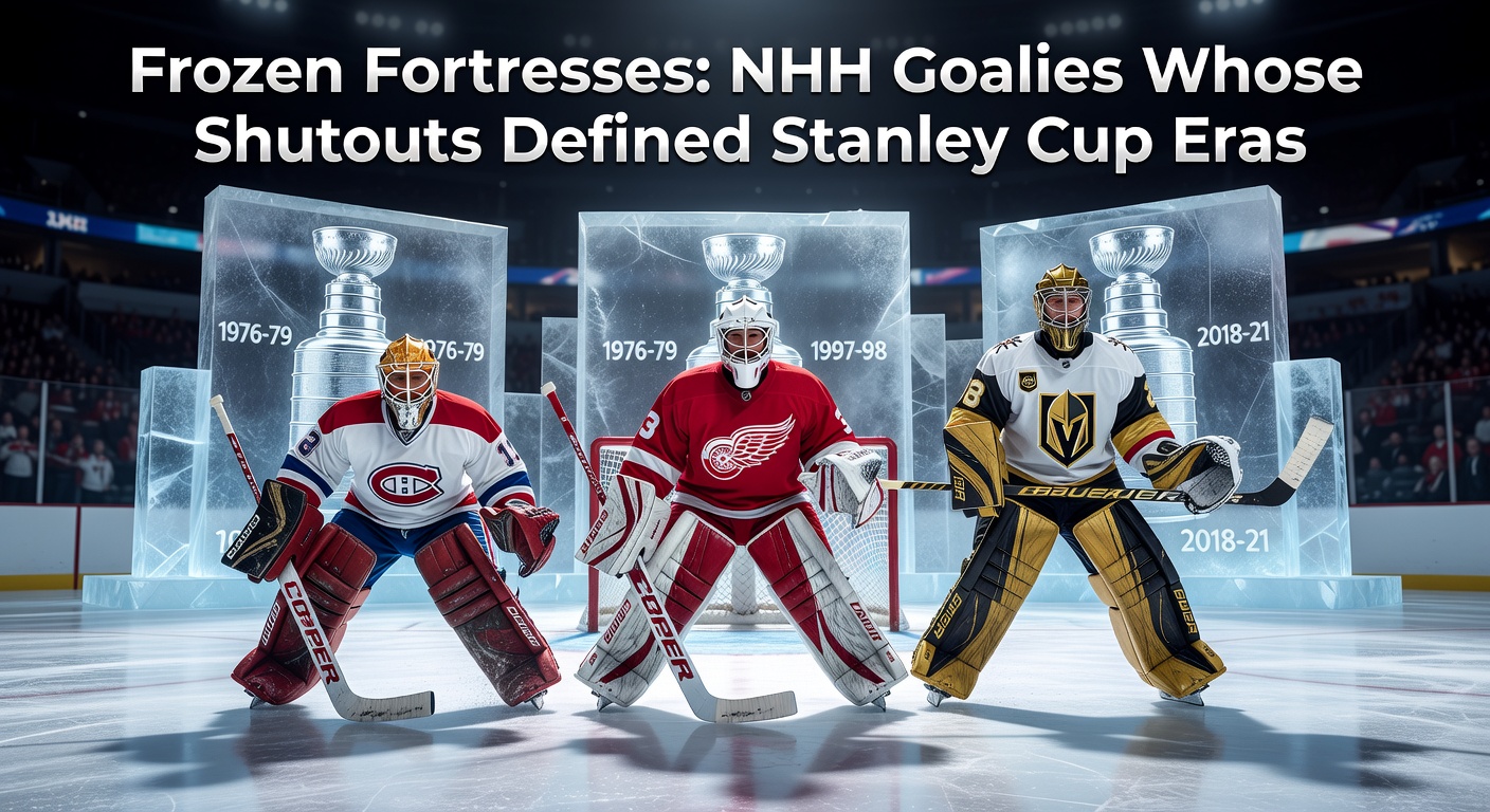 Vintage black-and-white photo of an early NHL goalie in pads making a sprawling save during a Stanley Cup game, evoking the fortress-like defense of netminders from hockey's foundational years