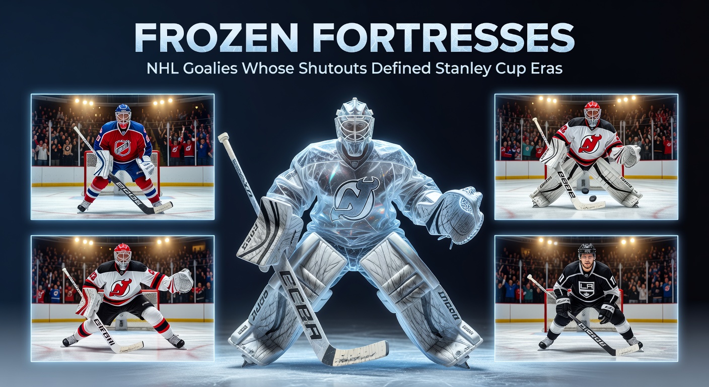 Action shot of a modern NHL goalie in full gear stonewalling a shot during a tense Stanley Cup playoff game, highlighting the evolution of shutout artistry in high-pressure moments