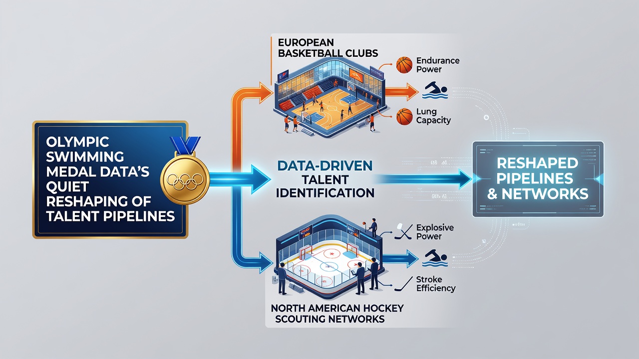 Visualization of Olympic swimming medal data metrics being analyzed for cross-sport talent identification in basketball and hockey