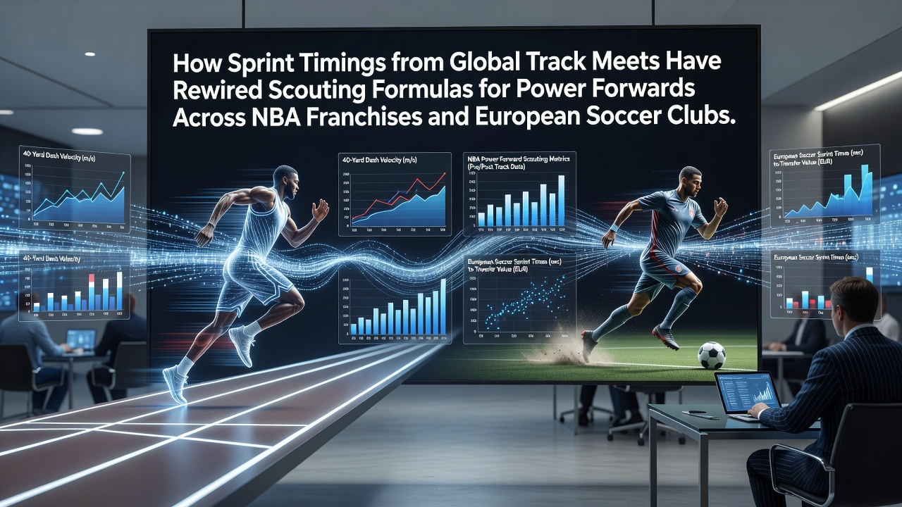 Track athletes sprinting at a global meet while scouts review timing data for professional basketball and soccer recruitment