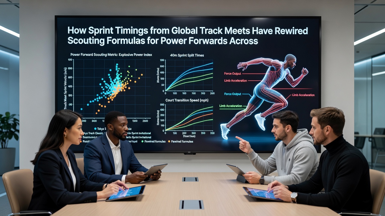 Scouts and analysts reviewing sprint timing charts alongside player footage for NBA and European soccer power forward evaluations