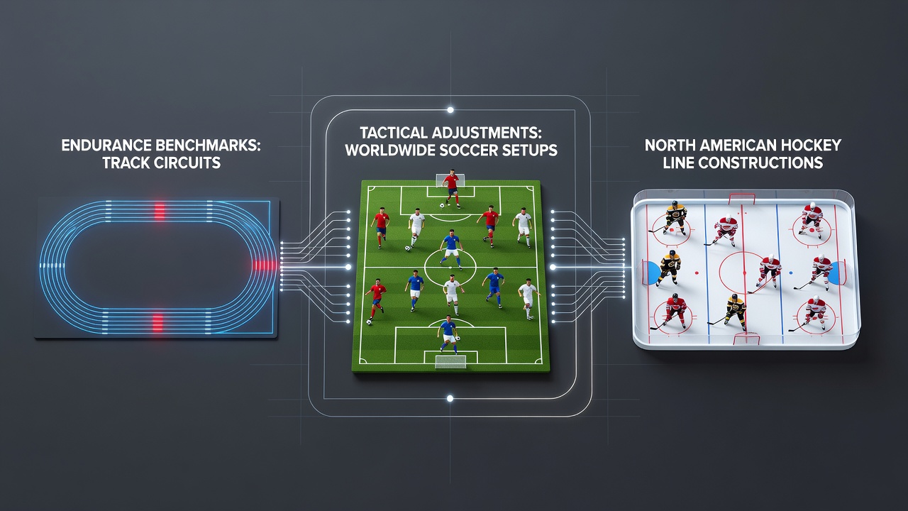 Track athletes completing endurance circuits alongside soccer and hockey tactical diagrams