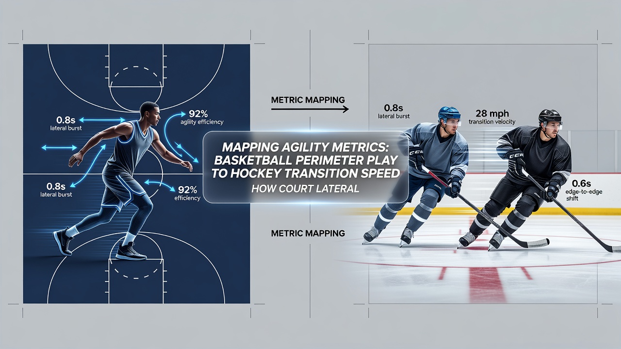 Hockey players executing transition drills on ice with motion capture markers, next to soccer wingers running diagonal channels on artificial turf