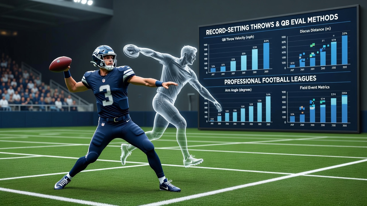 Athletes competing in javelin and shot put events with measurement tools visible on the field