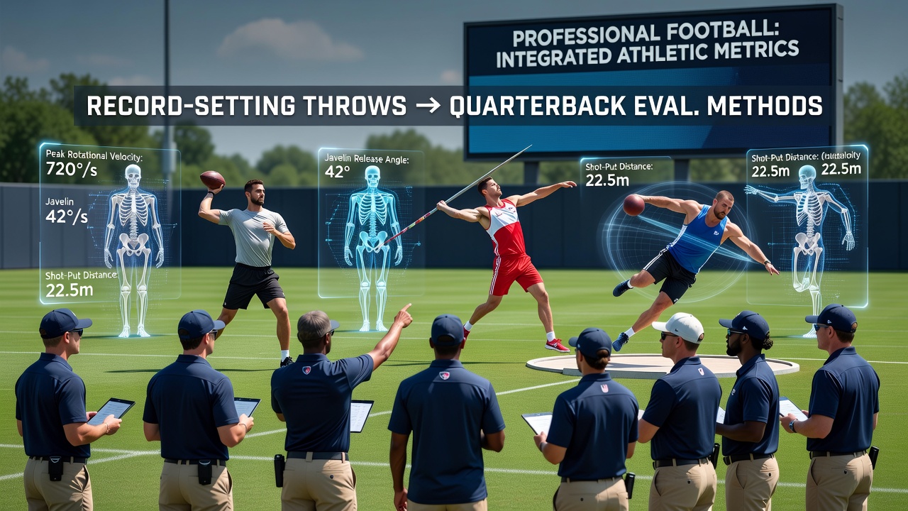 Quarterback throwing motion captured during evaluation with speed and distance overlays compared to field event data