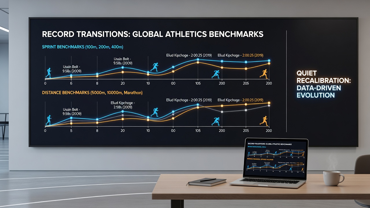 North American basketball scouts analyzing distance running benchmarks from athletics records during a front office meeting