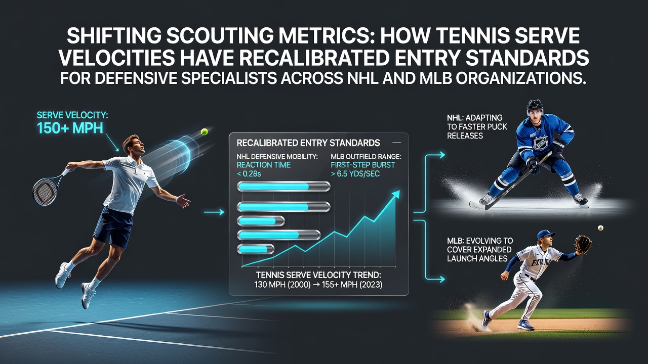 Scouts reviewing tennis serve velocity data alongside NHL and MLB defensive metrics charts
