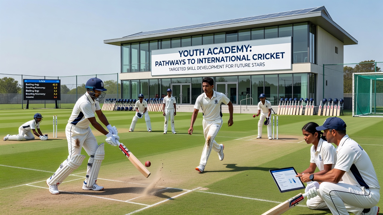 Cricket coach demonstrating bowling technique to a group of academy players during an outdoor session